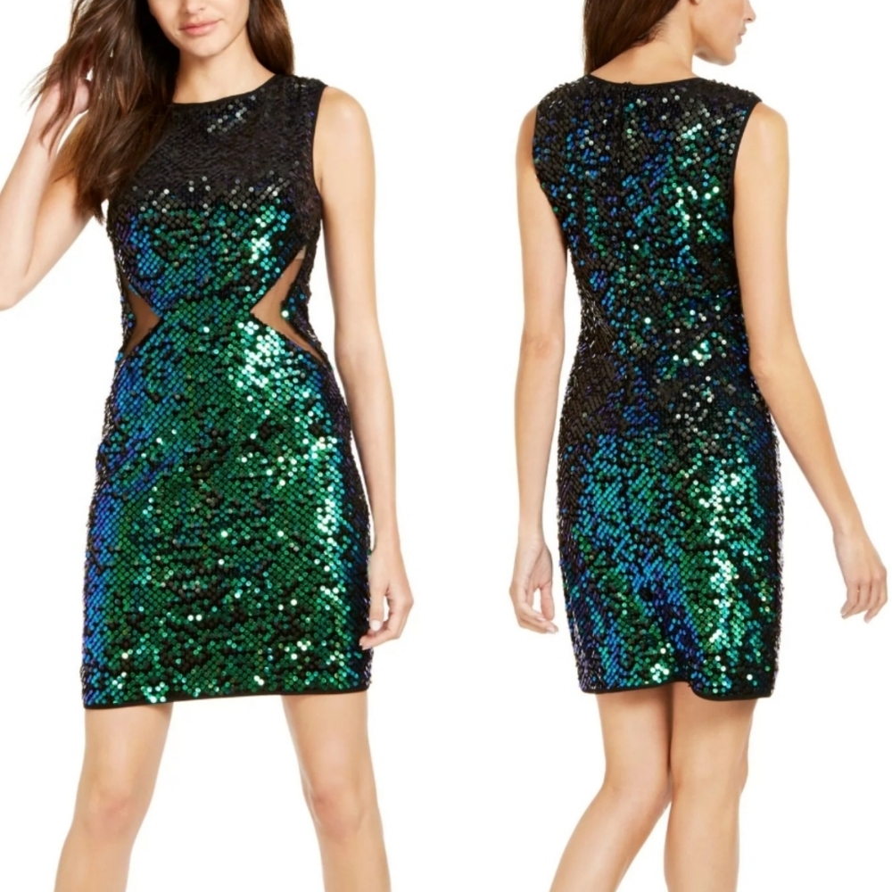 NWT! Tadashi Shoji High End Iridescent Green Blue Sequin Cutout Sheath Dress XS